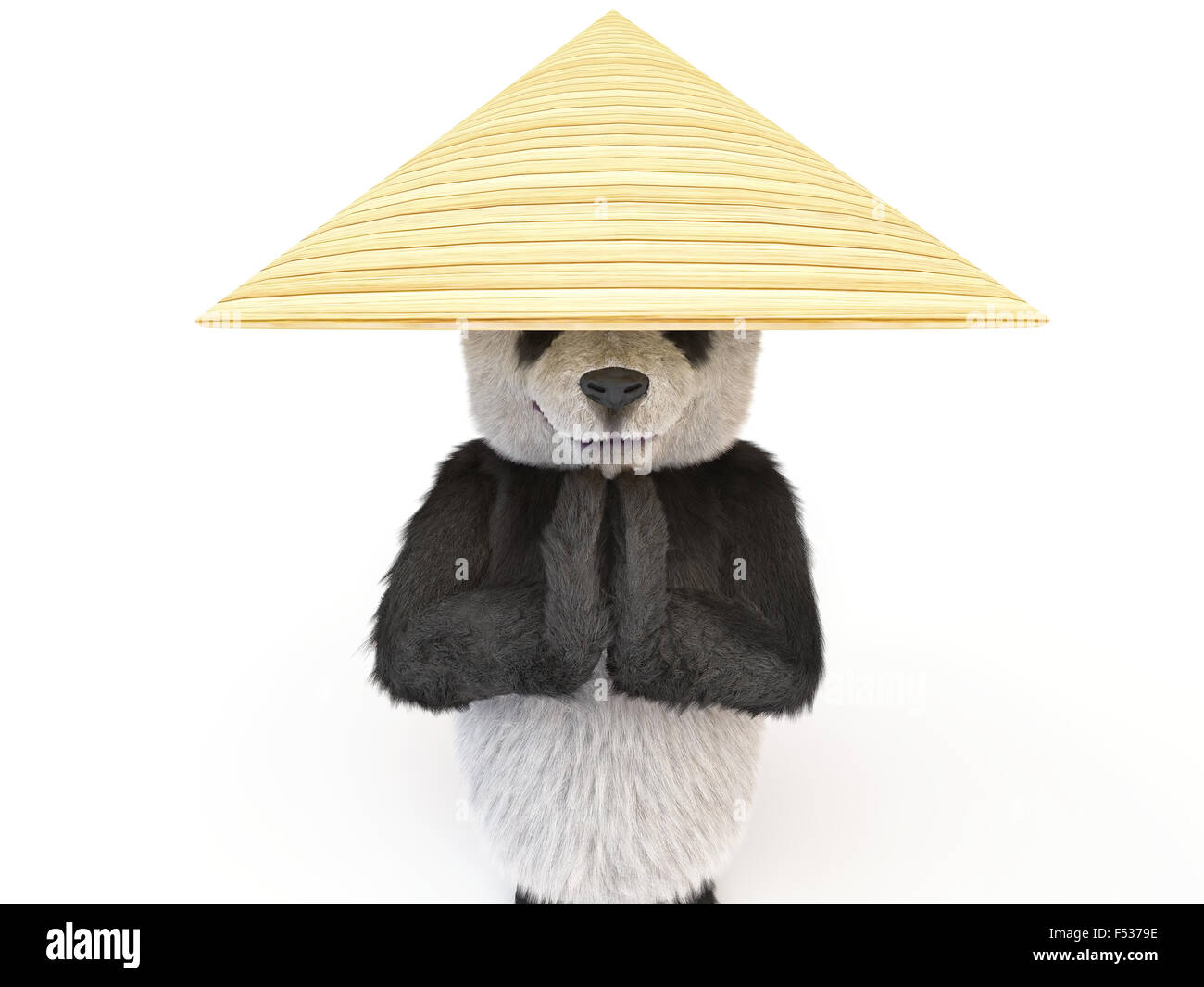 panda mysterious warmaster folded his hands in national Thai greeting called Wai. Bear wearing palm rice hat. illustration about Stock Photo