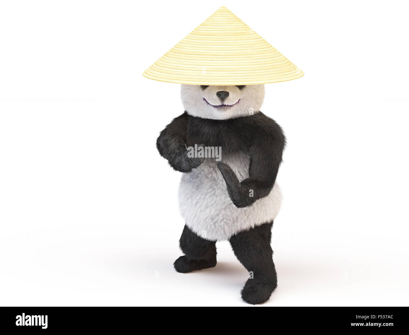 Panda Ninja conical straw hat in a fighting stance was preparing to strike. fighter eastern single combats going to attack. Illu Stock Photo
