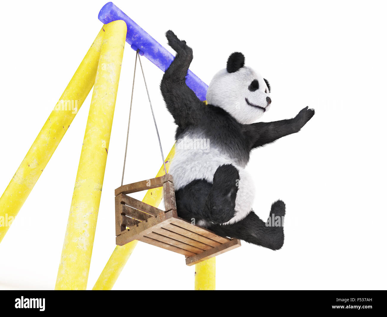paws spread wide to sides cheerful character panda sitting on swing (yellow-blue seesaw). wobble and get ready to jump off  wood Stock Photo