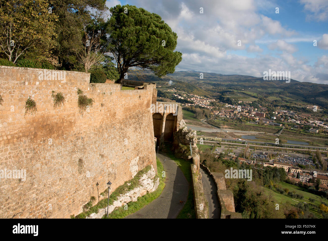 Italy, Orvieto. Medieval city walls with view of surrounding valley. Stock Photo
