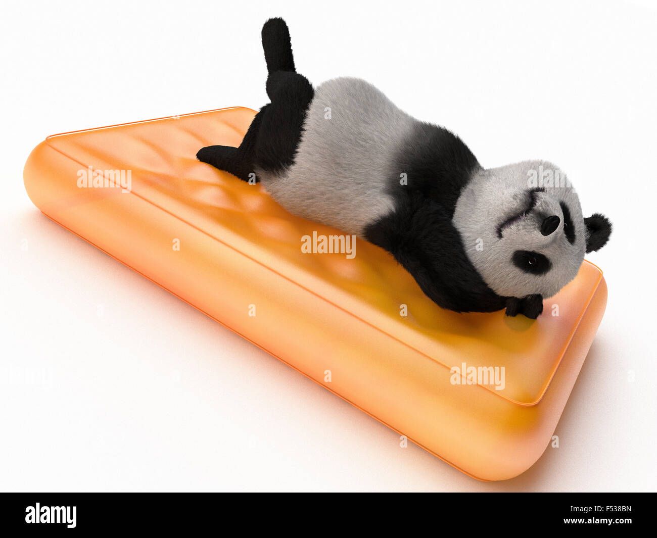 relaxed bear lying on back with hands clasped behind head on orange translucent inflatable mattress. mammal animal resting on be Stock Photo
