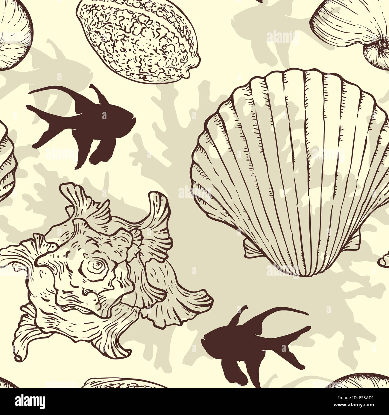 Marine seamless pattern with sea shells and fishes Stock Photo - Alamy