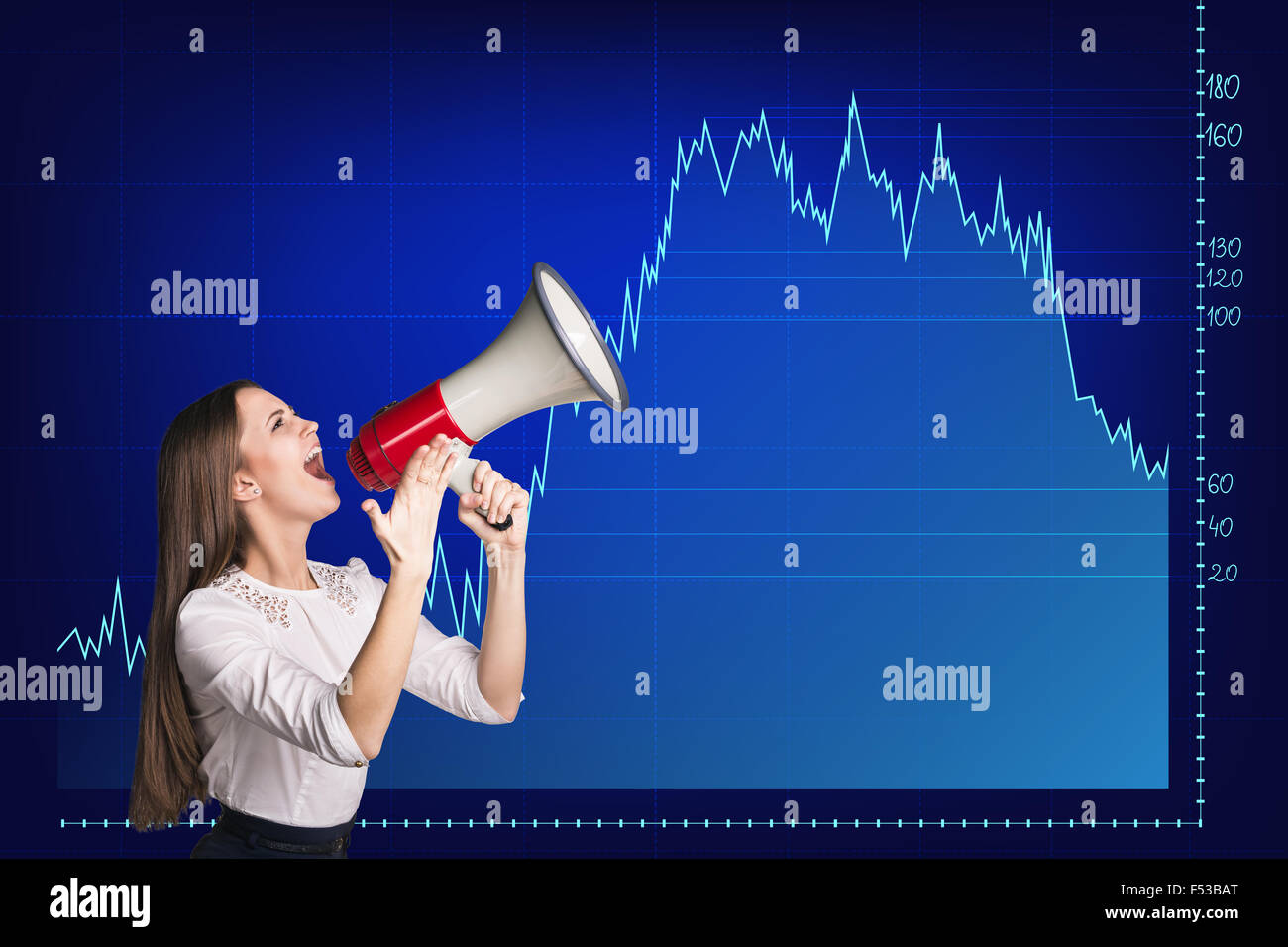 Beautiful business woman stands on the big graph background. Stock Photo