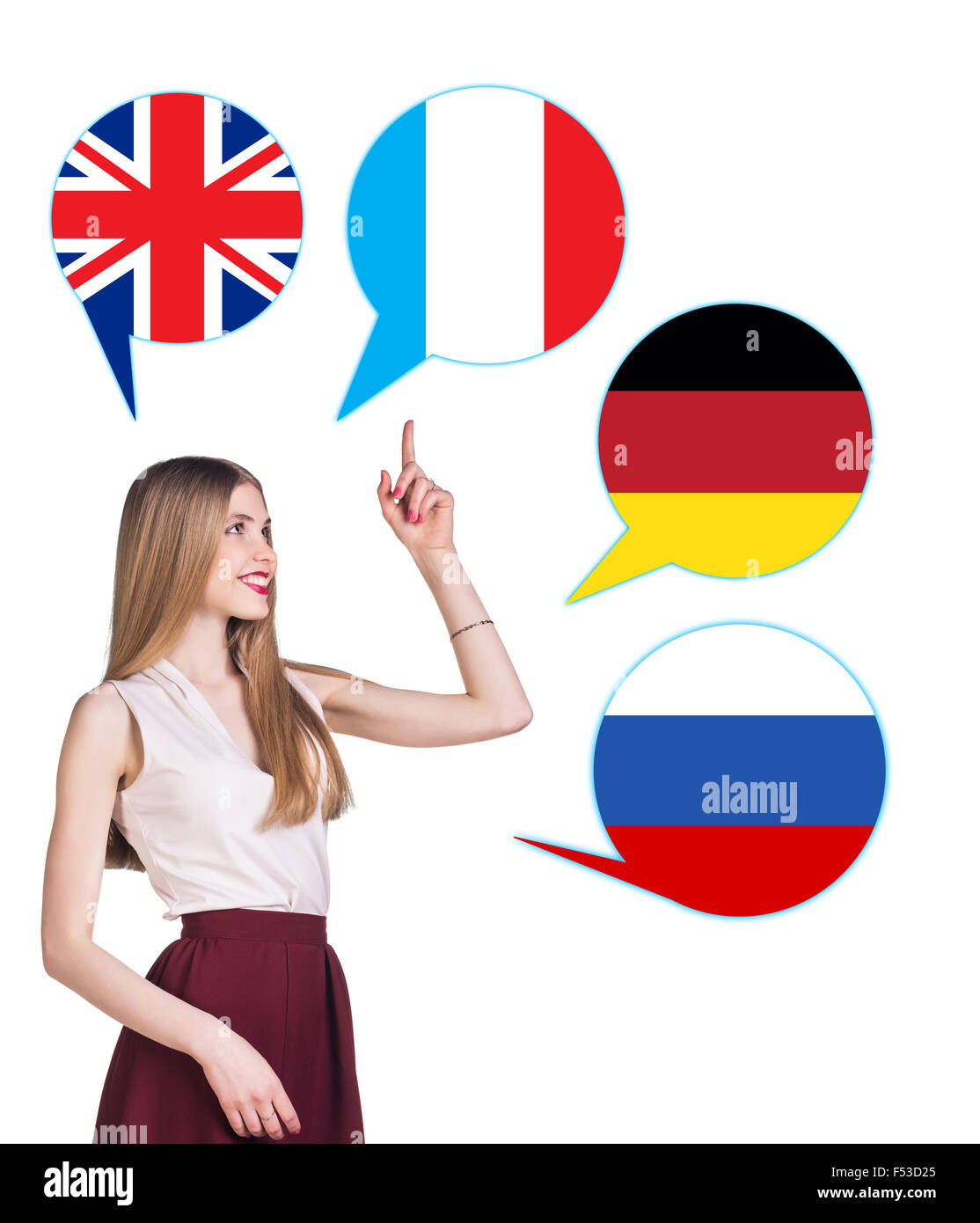 Young woman surrounded by dialogue bubbles with countries flags
