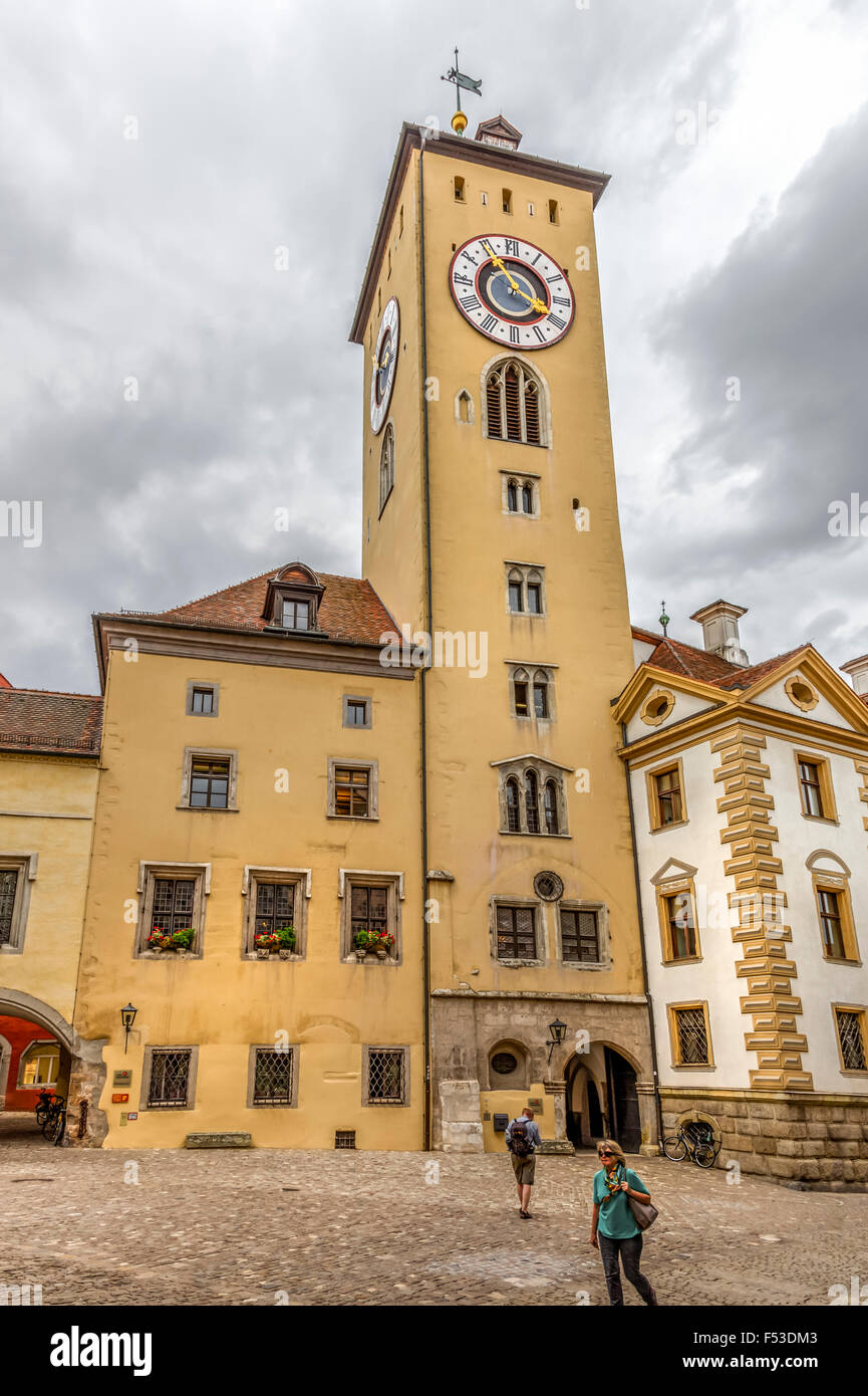 The clock tower of the Old Town Hall, Altes Rathaus, Regensburg, Bavaria, Germany Stock Photo