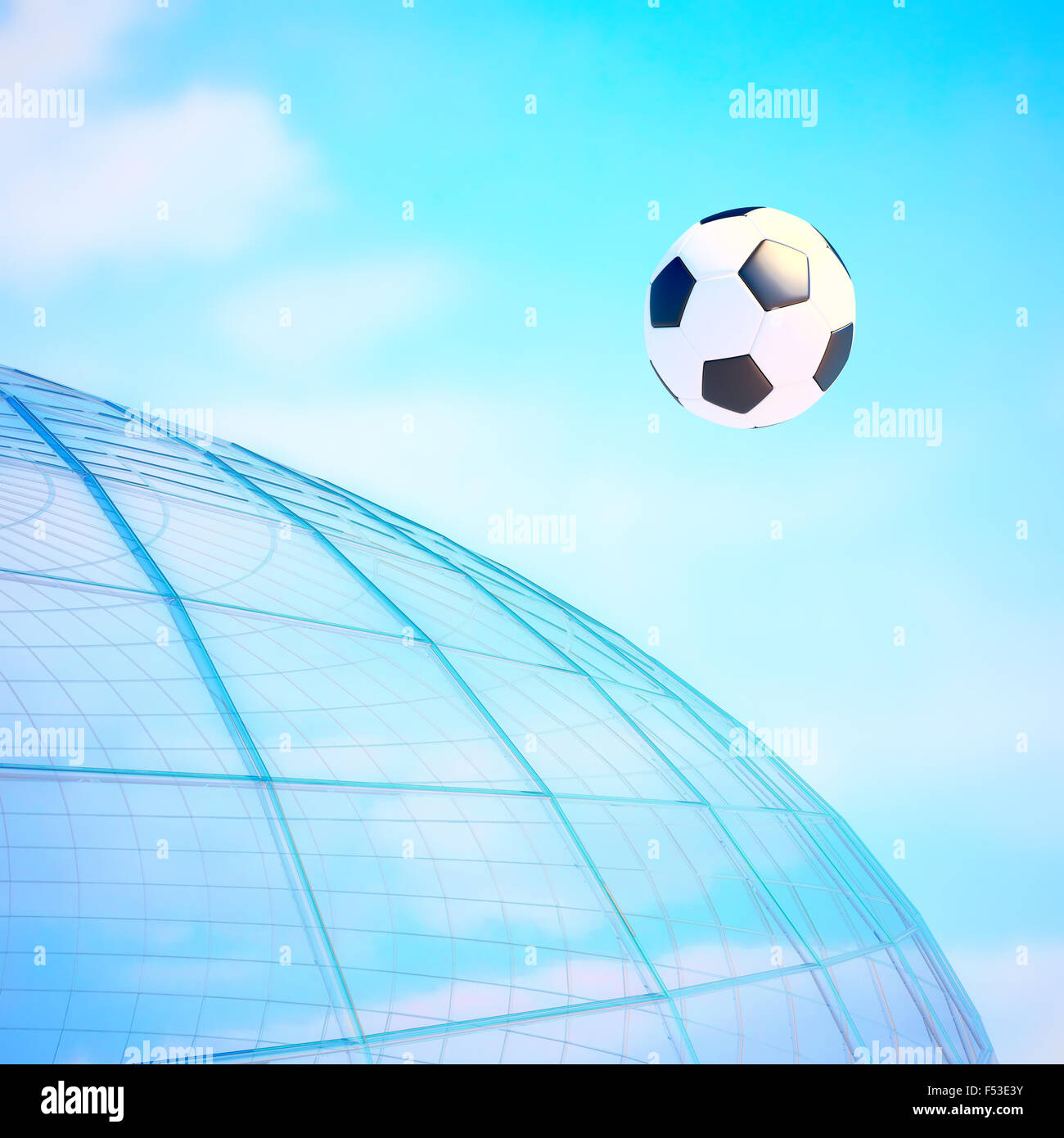 Concept or conceptual 3D soccer ball in with a blue sky background
