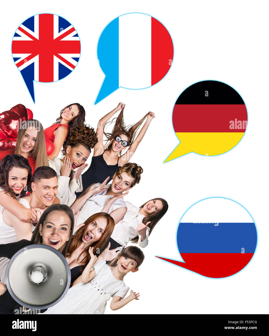 Group of people surrounded by dialogue bubbles with countries flags. Germany, Britain, Russia, Czech. Learning of foreign langua Stock Photo