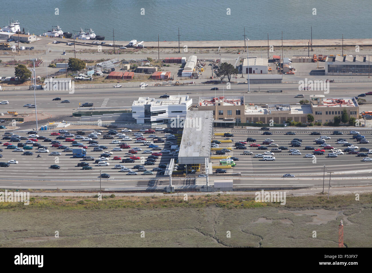 San Francisco Bay Bridge toll plaza aerial with traffic back up Stock Photo