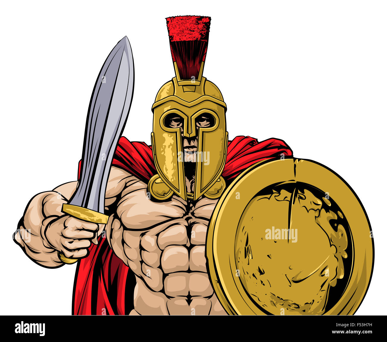 An illustration of a gladiator, ancient Greek, Trojan or Roman warrior or gladiator wearing a helmet and holding a sword and rou Stock Photo