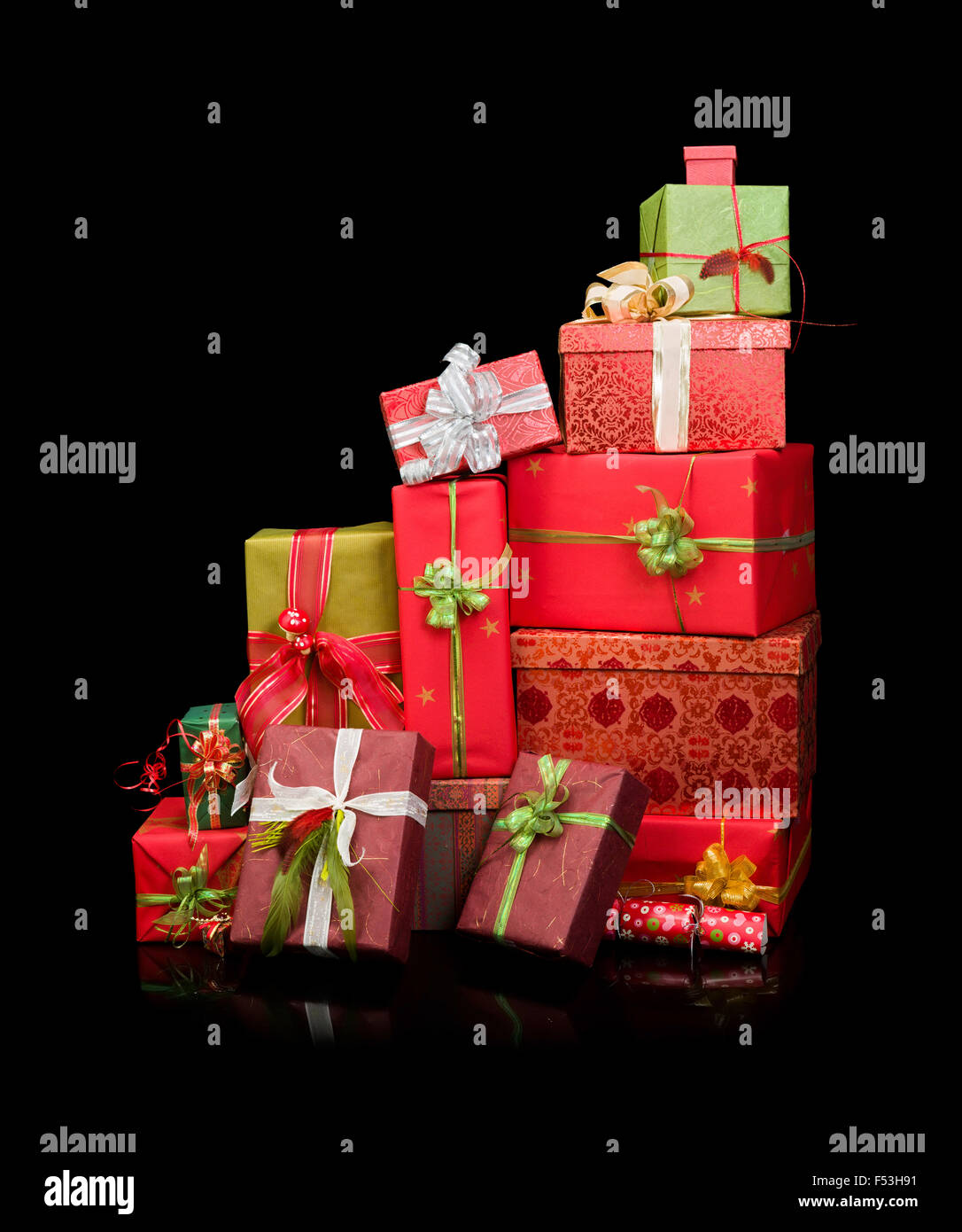 Beautiful stack of christmas presents with ribbons and bows Stock Photo