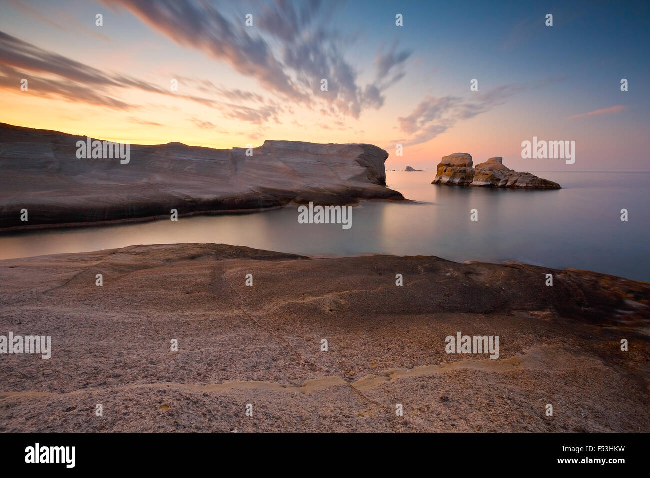 Sea stack at Sarakiniko beach in Milos island, Greece. Stock Photo