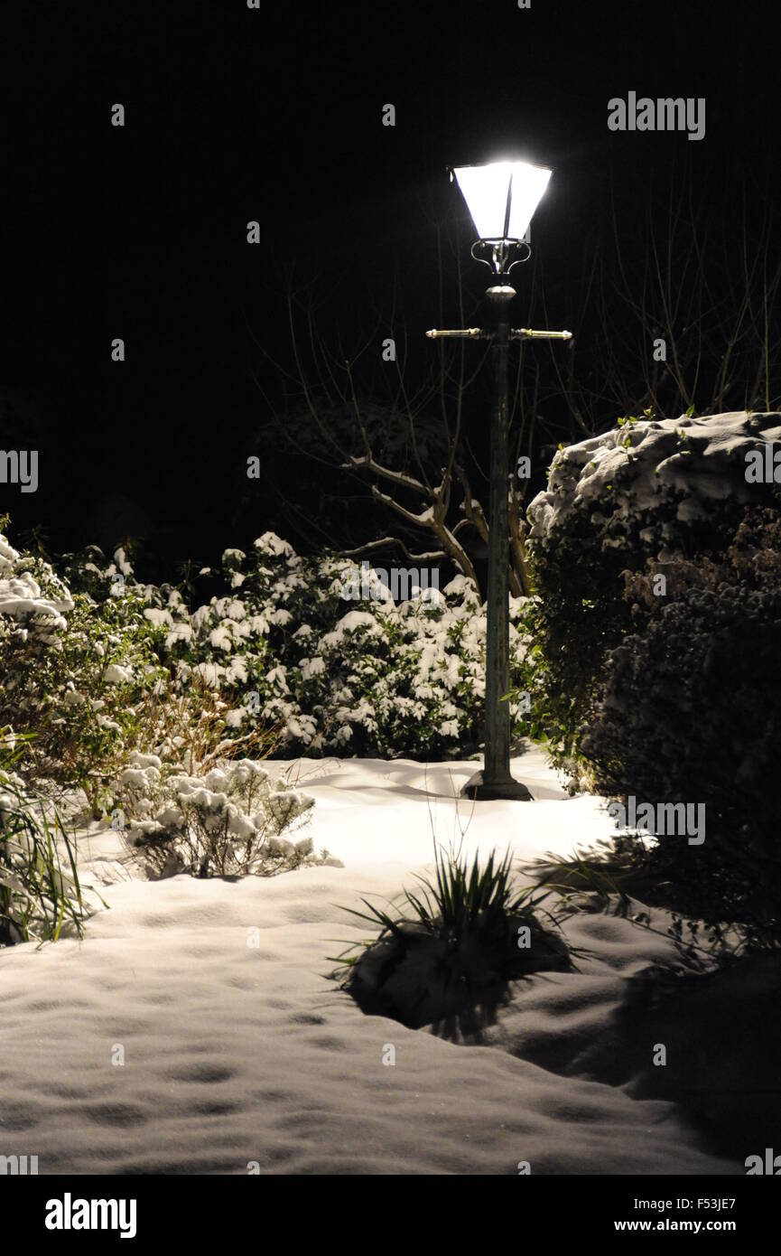 Lamp post in the snow at night Stock Photo