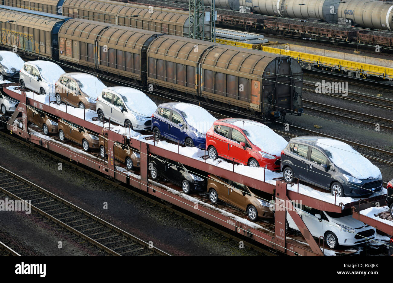 Car train with new Ford B-Max cars, Germany, North Rhine-Westphalia, Neuss Stock Photo