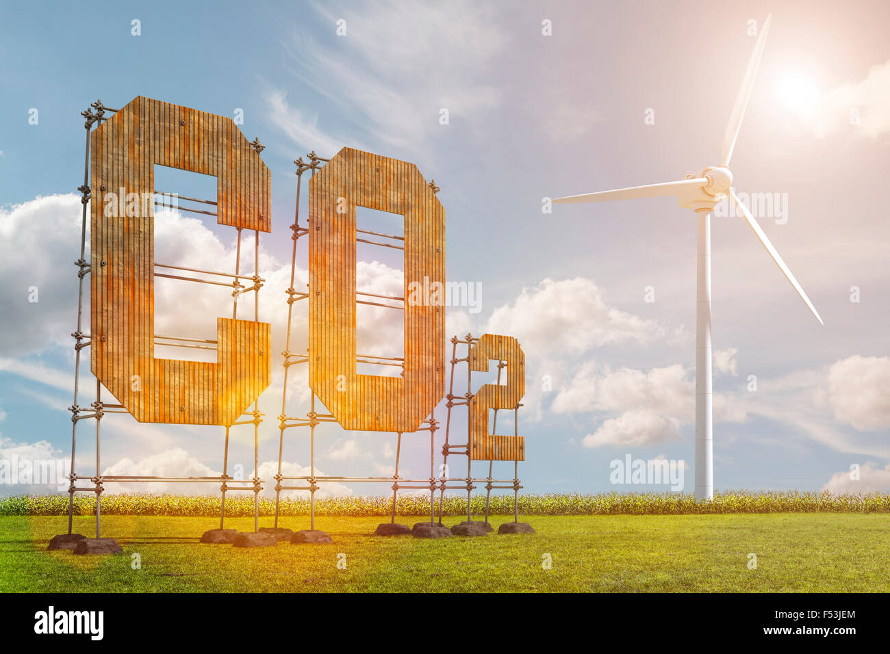 3d, CGI, [M], symbol, Co2, wind energy, pollutant Stock Photo