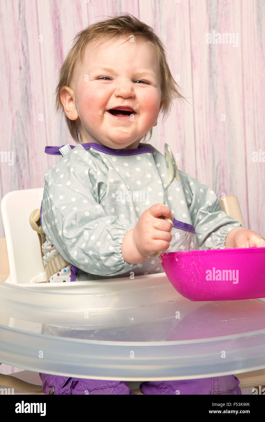 Baby, 6-12 months, mash, food, spoon, solid food, high chair, studio, portrait, Stock Photo