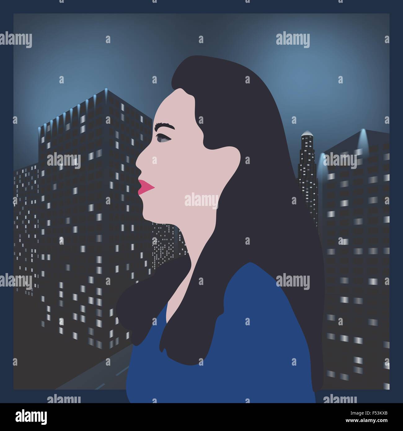 Flat vector of beautiful modern woman with the night modern city behind the window. Stock Vector