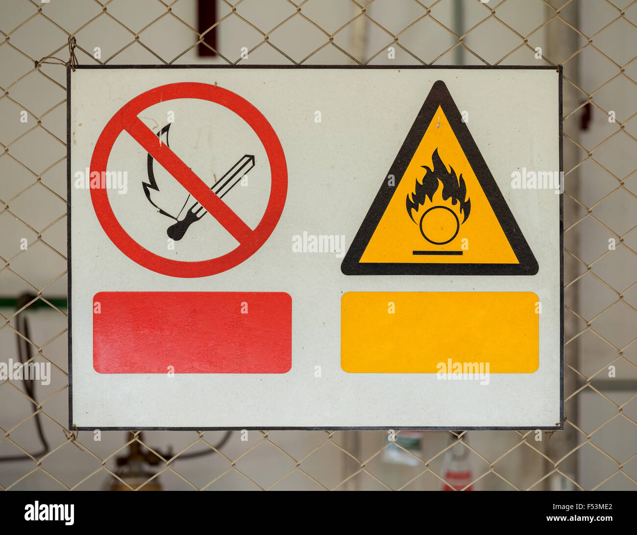 No fire sign and Fire warning signs near dangerous objects Stock Photo