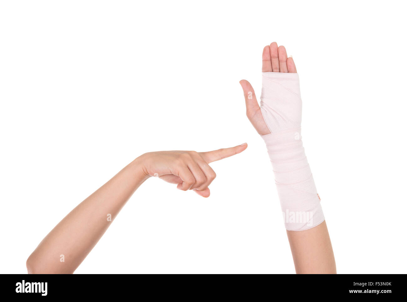 closeup injured arm wrapped in an Elastic Bandage isolated on white background Stock Photo Alamy