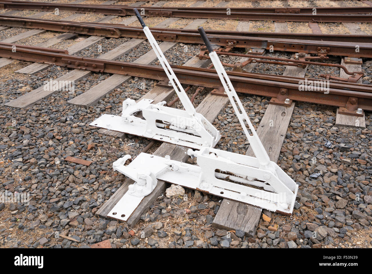 Old manual railroad switches Stock Photo