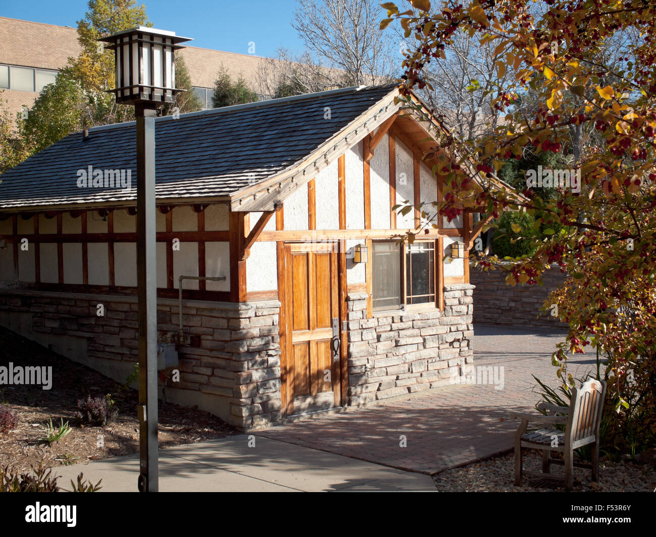 A view of the Japanese chalet at Garden Park (Boffins Public House), Innovation Place in Saskatoon, Saskatchewan, Canada. Stock Photo