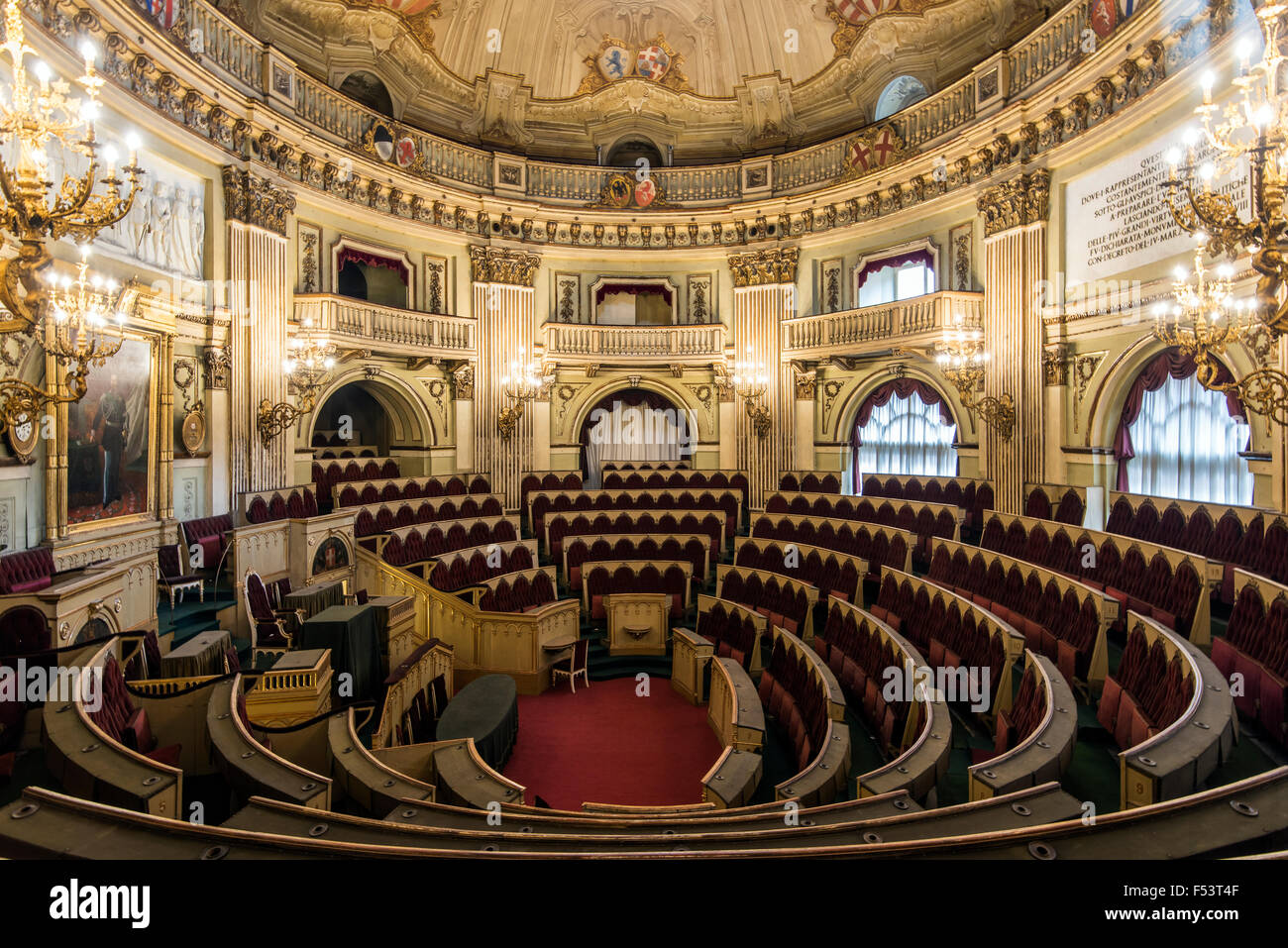 View of the Parliament of the newly unified Kingdom of Italy created in 1861 inside Palazzo Carignano, Turin, Piedmont, Italy Stock Photo