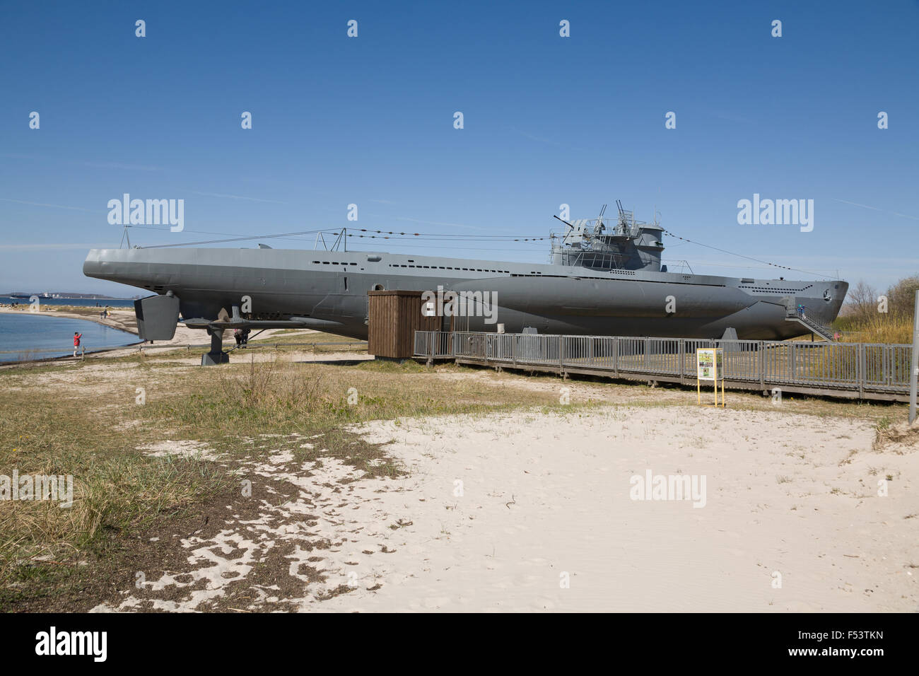 19.04.2015, Laboe, Schleswig-Holstein, Germany - The submarine U 995 as a museum ship at the foot of the Naval Monument in Laboe. U 995 is a method used in World War II German U-boat type VII C / 41 of the former Navy. It was put into service in September 1943 and completed nine patrols. After the war, U 995 went as a test and training boat KNM Kaura into the possession of the Royal Norwegian Navy. In 1965 the return to Germany, on 2 October 1971, the official handover, and since 13 March 1972 is the submarine as a museum ship at the foot of the Naval Monument in Laboe. Operators of the Techni Stock Photo