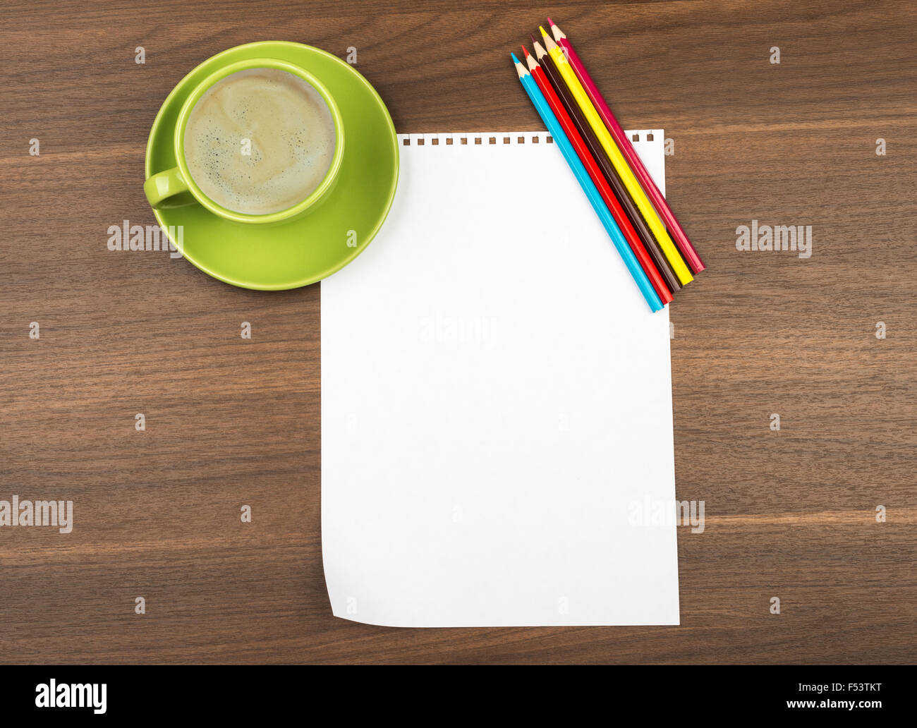 Blank paper with crayons and cup of coffee Stock Photo Alamy