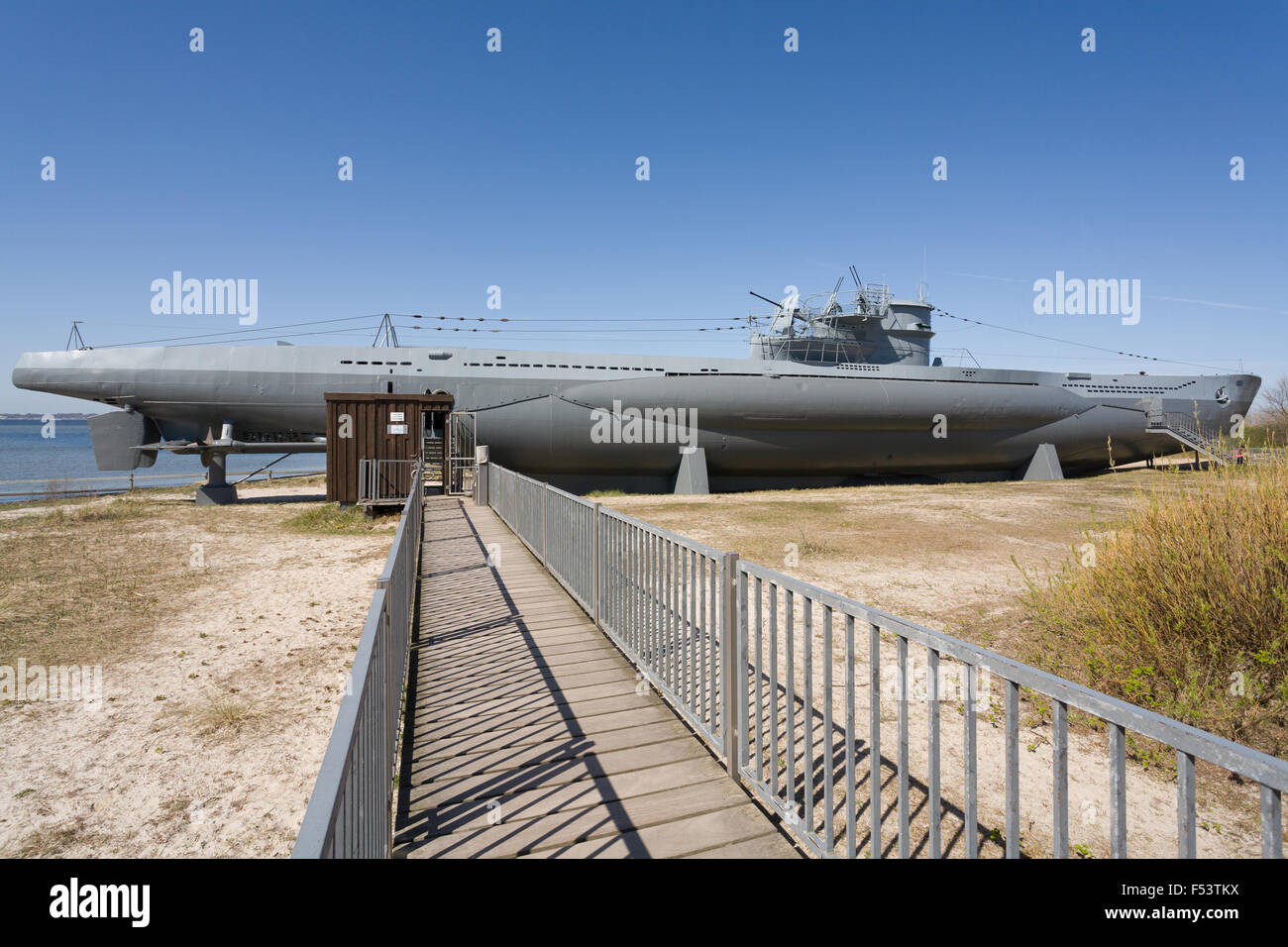 19.04.2015, Laboe, Schleswig-Holstein, Germany - The submarine U 995 as a museum ship at the foot of the Naval Monument in Laboe. U 995 is a method used in World War II German U-boat type VII C / 41 of the former Navy. It was put into service in September 1943 and completed nine patrols. After the war, U 995 went as a test and training boat KNM Kaura into the possession of the Royal Norwegian Navy. In 1965 the return to Germany, on 2 October 1971, the official handover, and since 13 March 1972 is the submarine as a museum ship at the foot of the Naval Monument in Laboe. Operators of the Techni Stock Photo