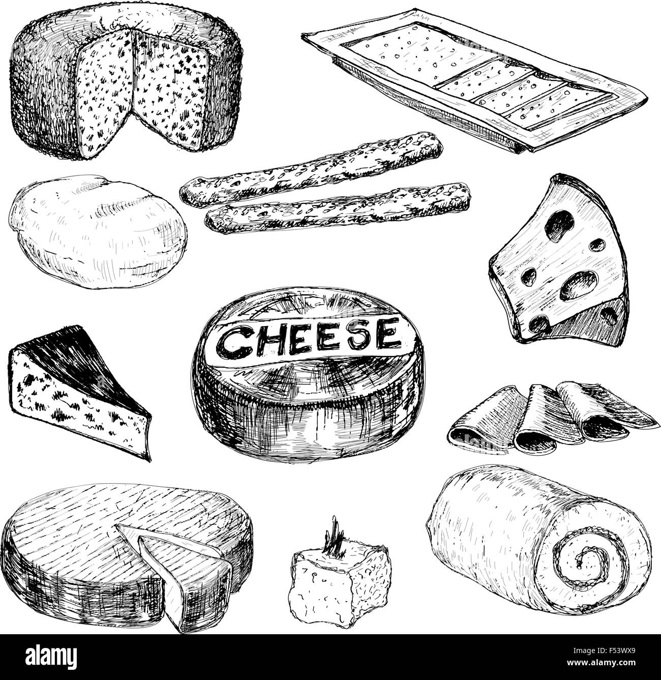 Cheese. Hand drawn collection Stock Vector