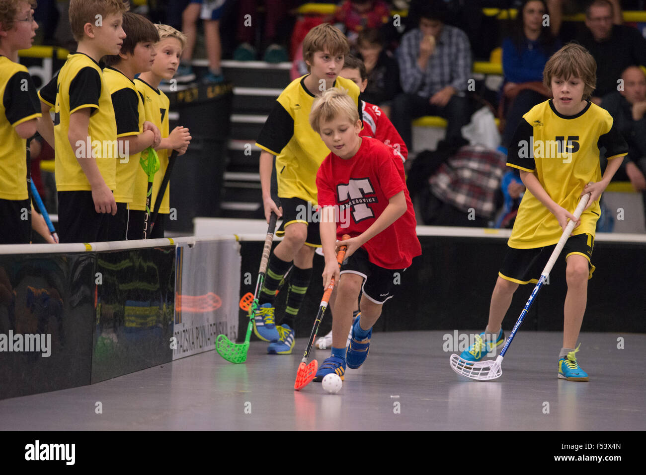 Children Boys Schoolchildren Playing Floorball Floor Hockey