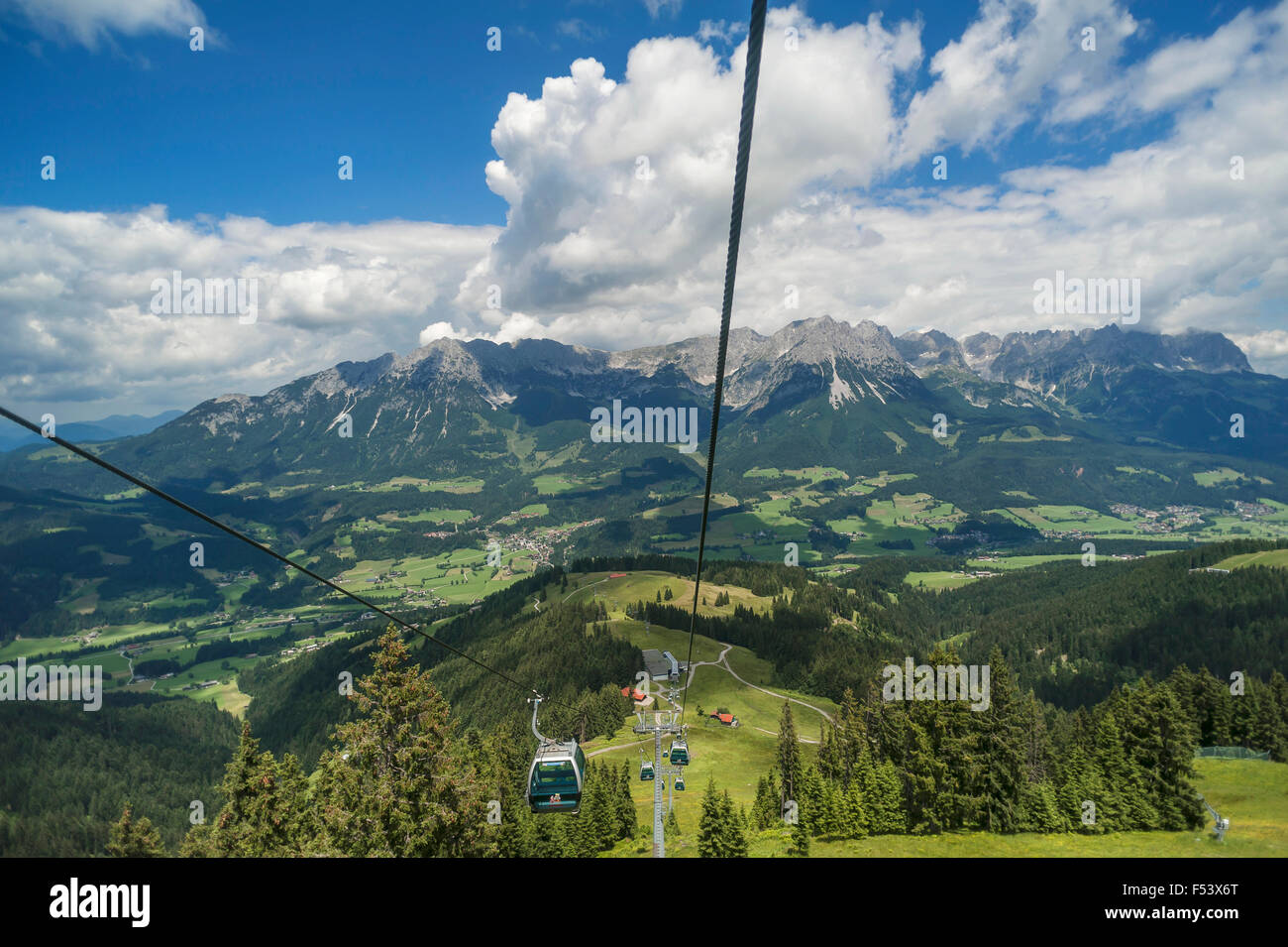 View from Brandstadl cable car towards town and Wilder Kaiser, Scheffau am Wilden Kaiser, Tyrol, Austria Stock Photo