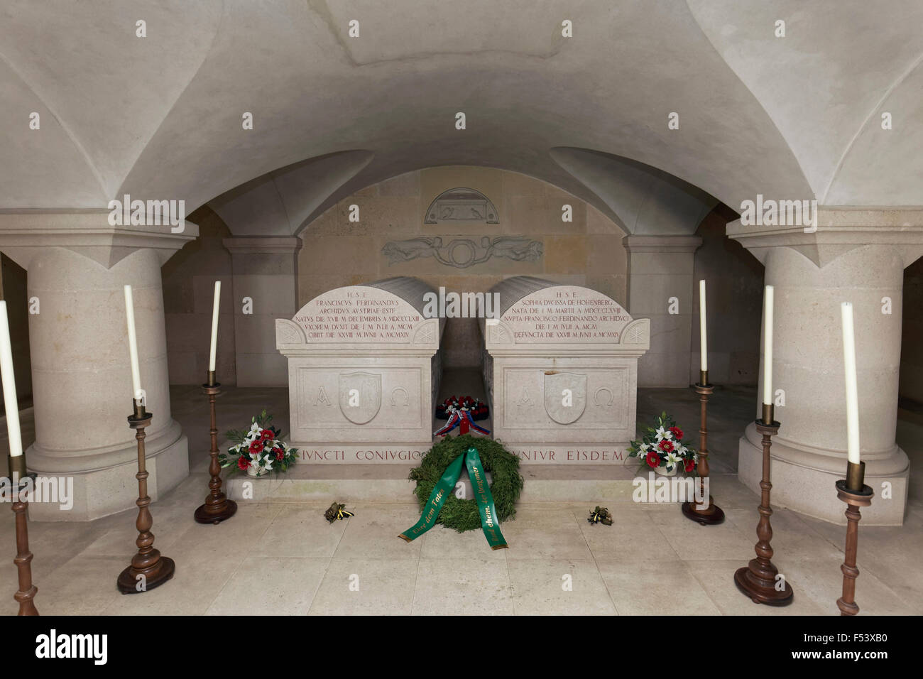 Sepulcher, tomb with marble sarcophagi, Austrian Archduke Franz Ferdinand and his wife Sophie, victims of the Sarajevo attack Stock Photo