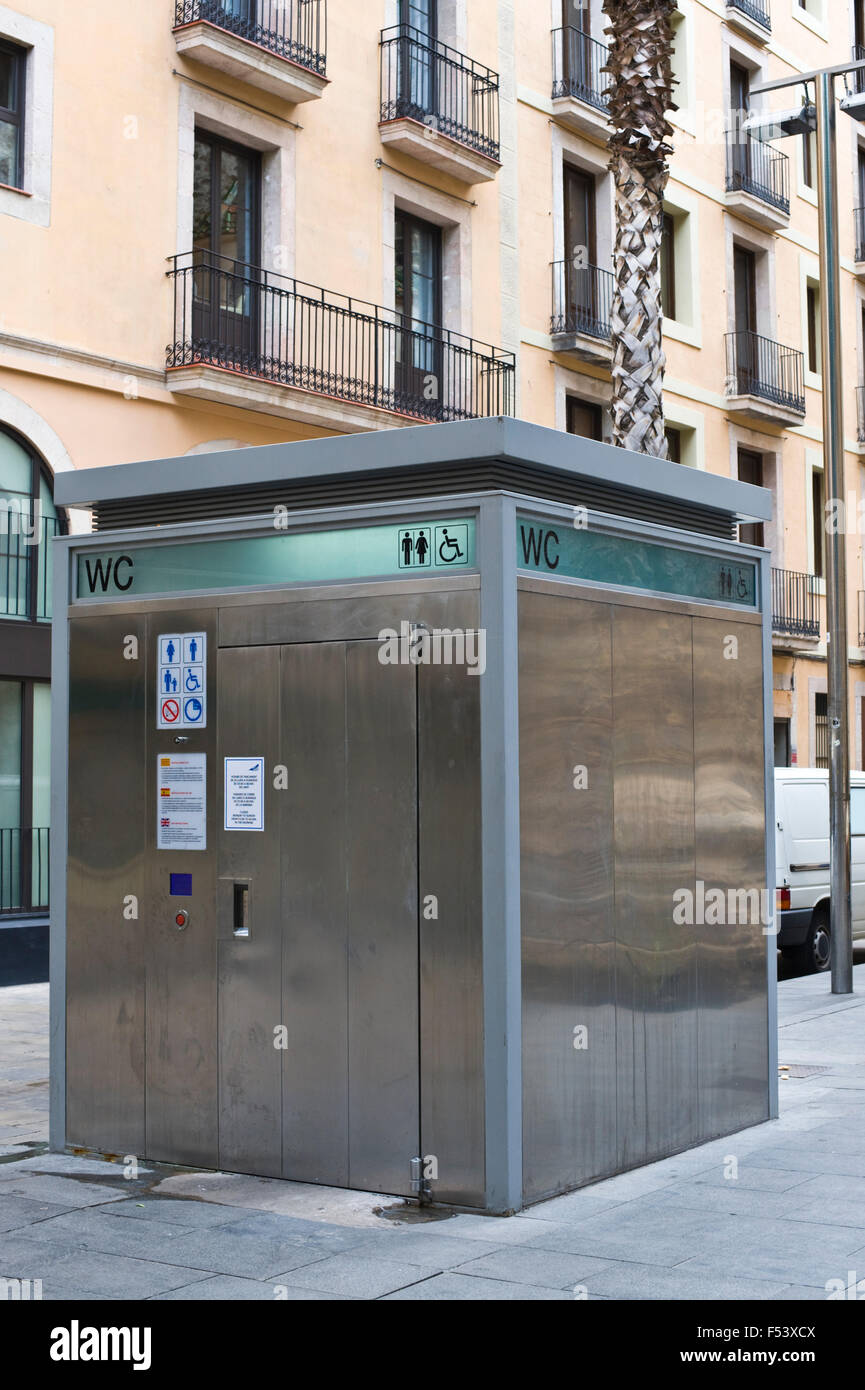 Stainless steel public toilet on street in Barcelona Catalonia Spain ES