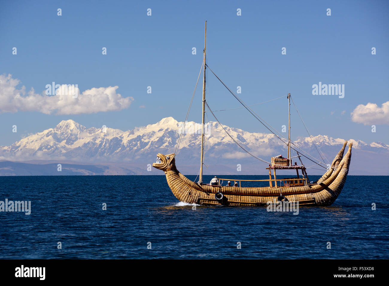 Typical reed boat on Lake Titicaca, La Paz region, Bolivia Stock Photo