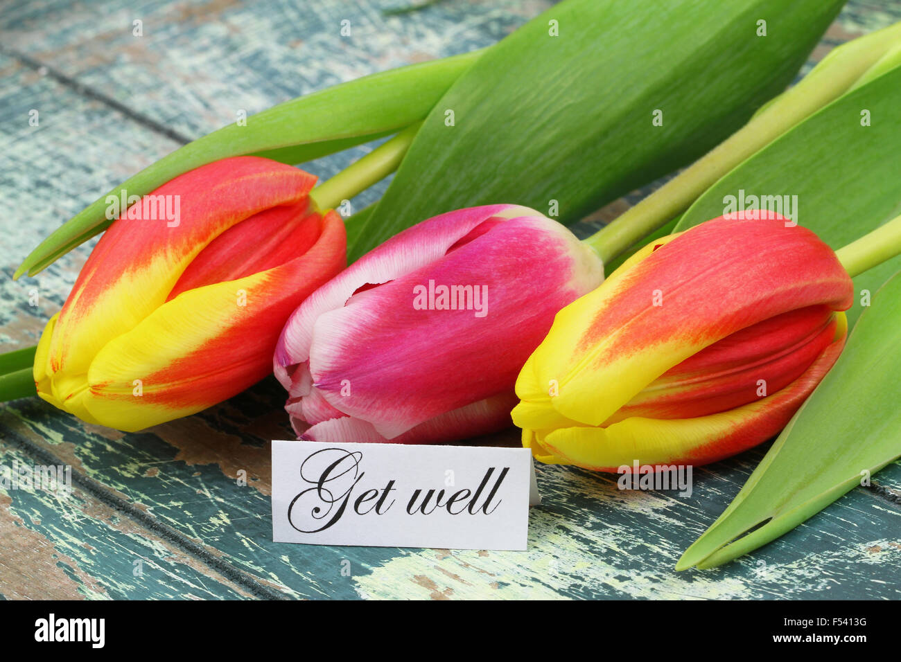 Get well card with colorful tulips on rustic wooden surface Stock Photo ...