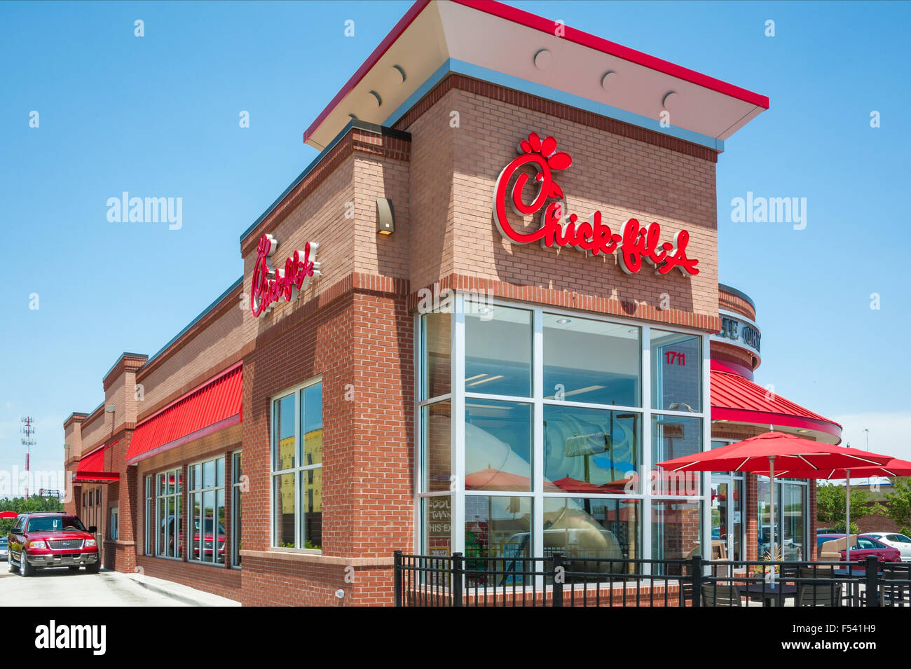 Chick-fil-A is America's top rated fast food chain, known for its Chicken Sandwiches, southern hospitality and Christian values. Stock Photo