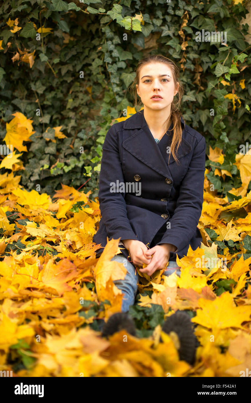 Girl sitting on fallen leaves in the autumn park Stock Photo - Alamy