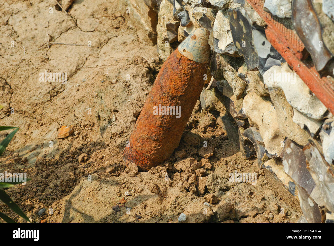 WWI British artillery shell left for disposal on a field in France in the area of the Battle of the Somme 1916 Stock Photo