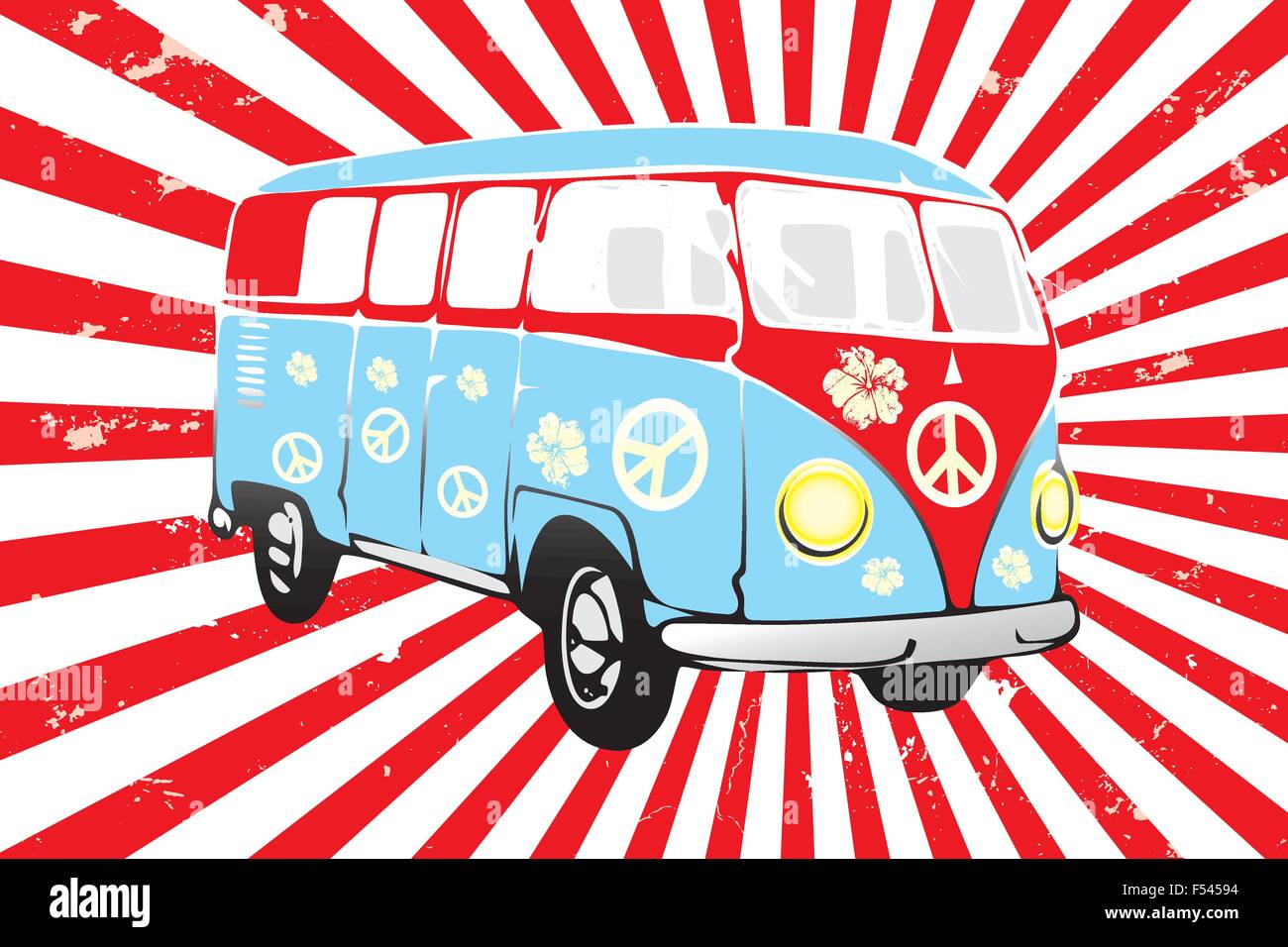 Retro van in red and blue -  hand drawn illustration Stock Vector