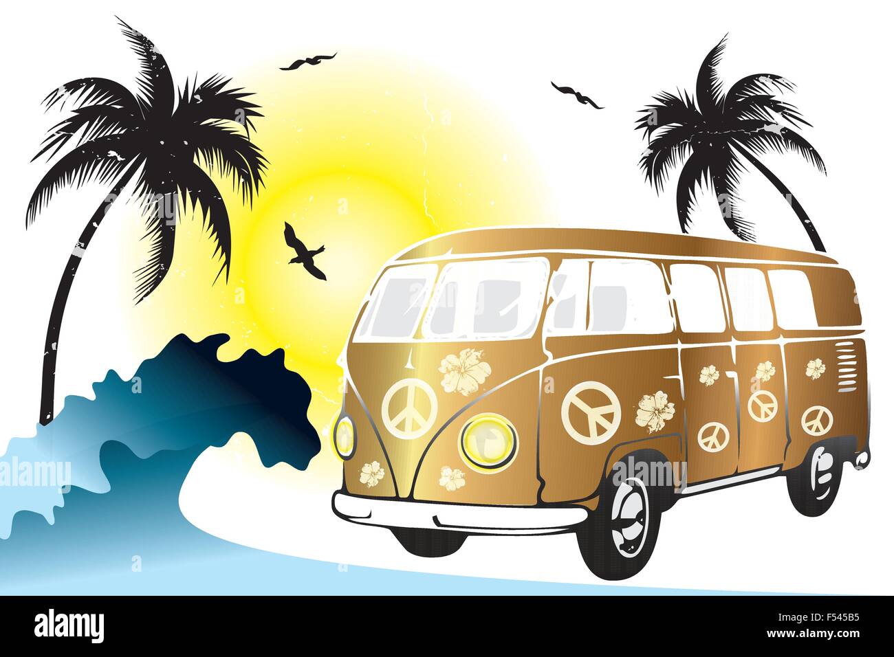 Retro van on the beach - hand drawn illustration Stock Vector