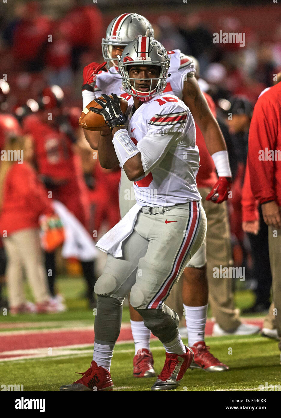 Ohio State's quarterback J.T. Barrett (16) warms up prior to NCAA football  action between the Ohio State Buckeyes and the Rutgers Scarlet Knights at  High Point Solution Stadium in Piscataway, New Jersey.