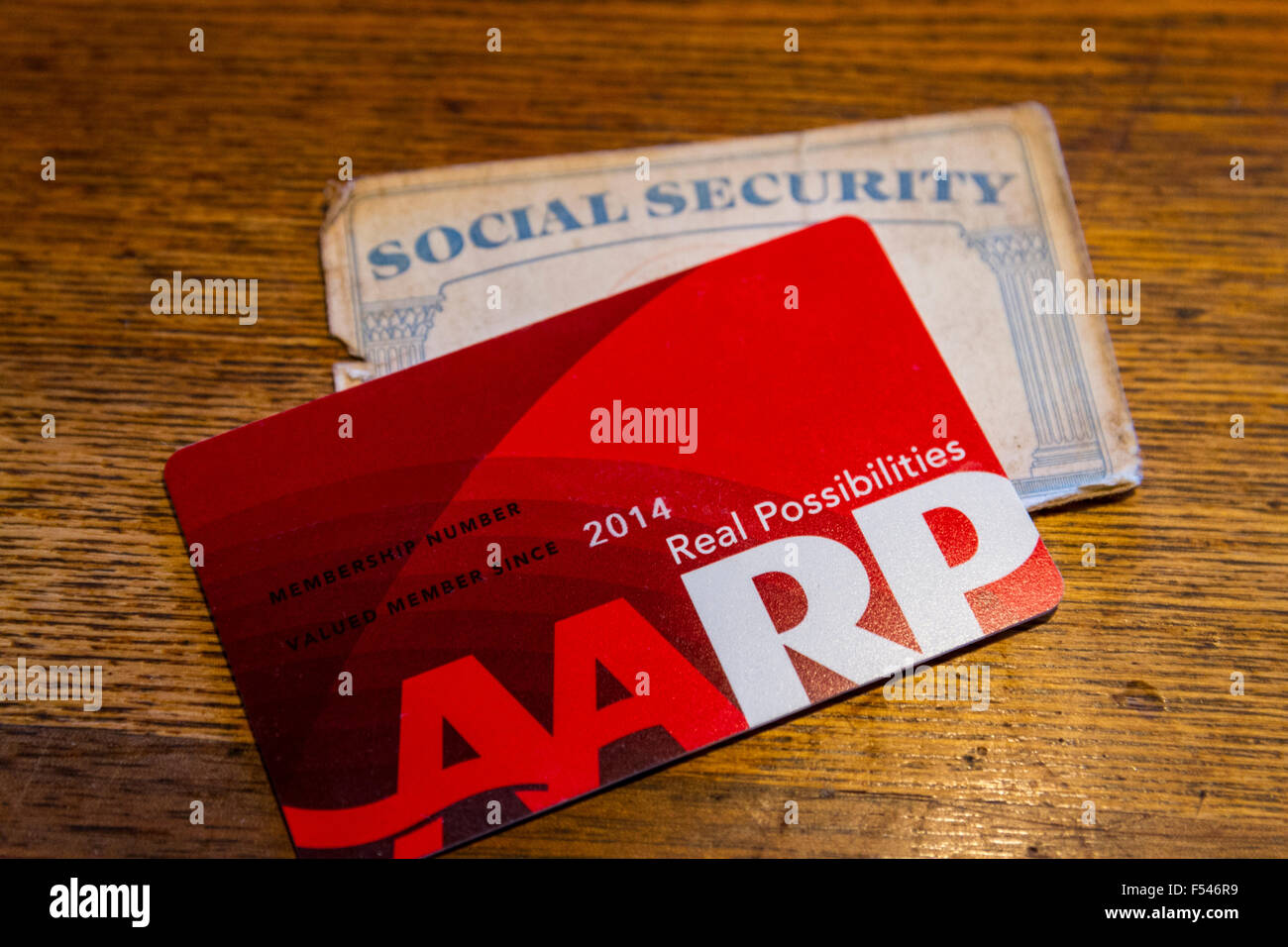 AARP and Social Security Cards very important to senior citizens Stock Photo