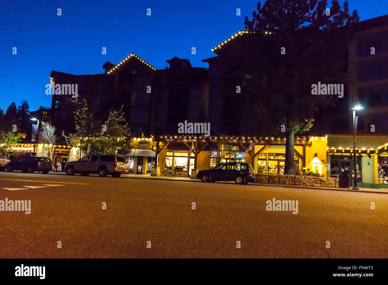 Shops at The Village in Mammoth lakes California at night Stock Photo