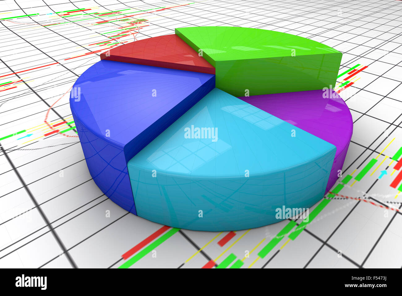 Colourful three dimension pie chart graph with candlestick background. High resolution render. Stock Photo