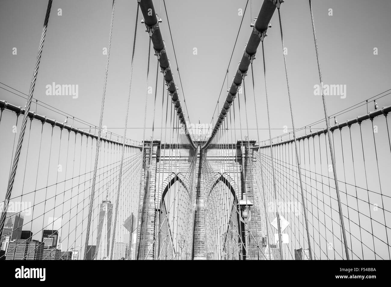 Black and white photo of the Brooklyn Bridge, NYC, USA. Stock Photo