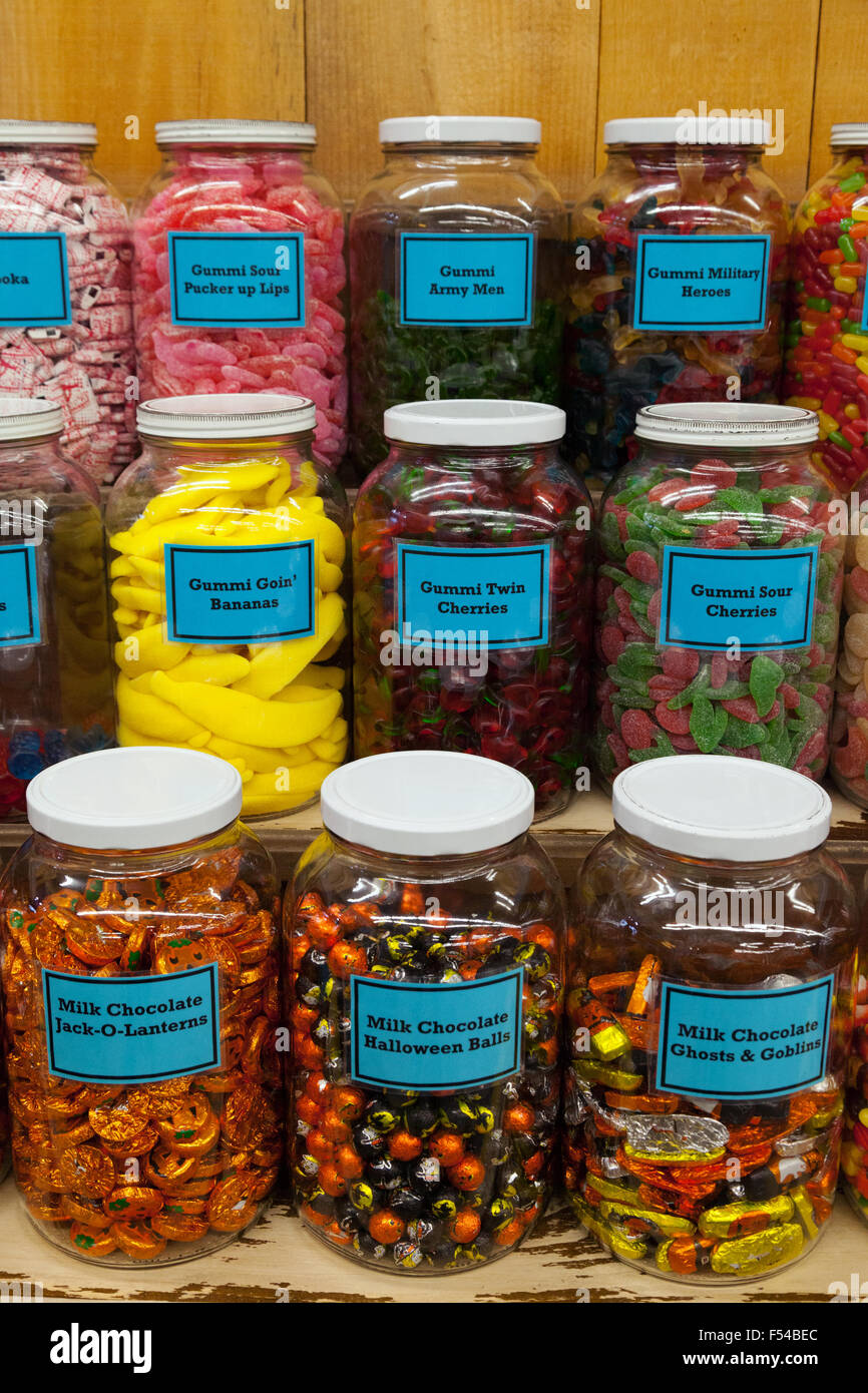 Jars of colorful candy sweets, Chutters candy store, Littleton, New