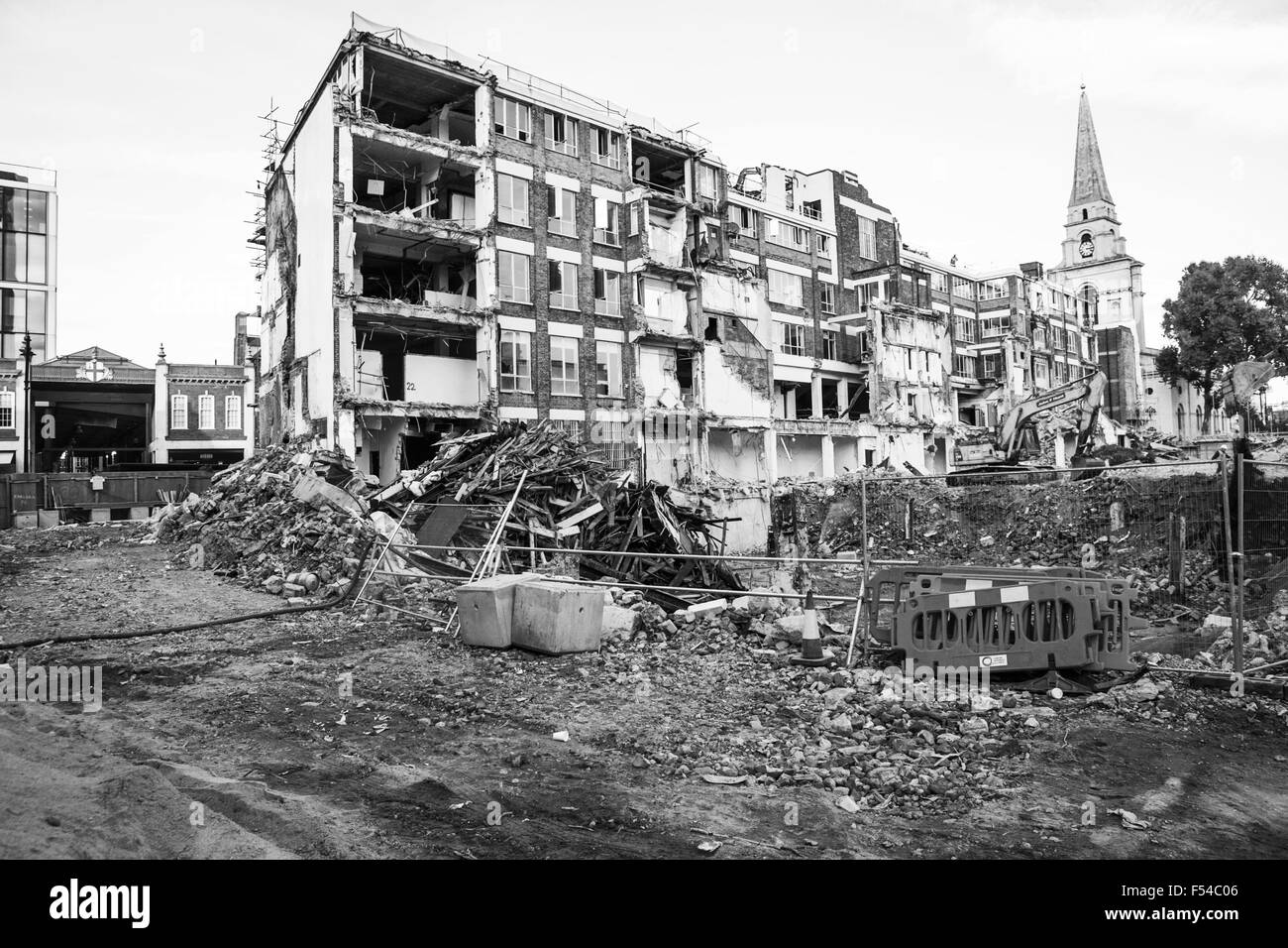 Demolition of The London Fruit and Wool Exchange building, Brushfield street, (opposite Spitalfields Market), London, UK. Stock Photo