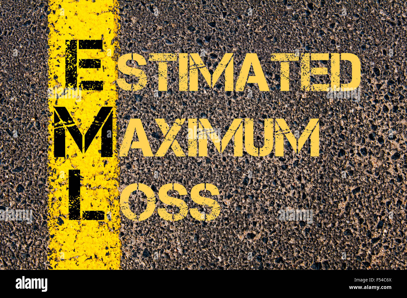Concept image of Business Acronym EML as ESTIMATED MAXIMUM LOSS written over road marking yellow paint line. Stock Photo