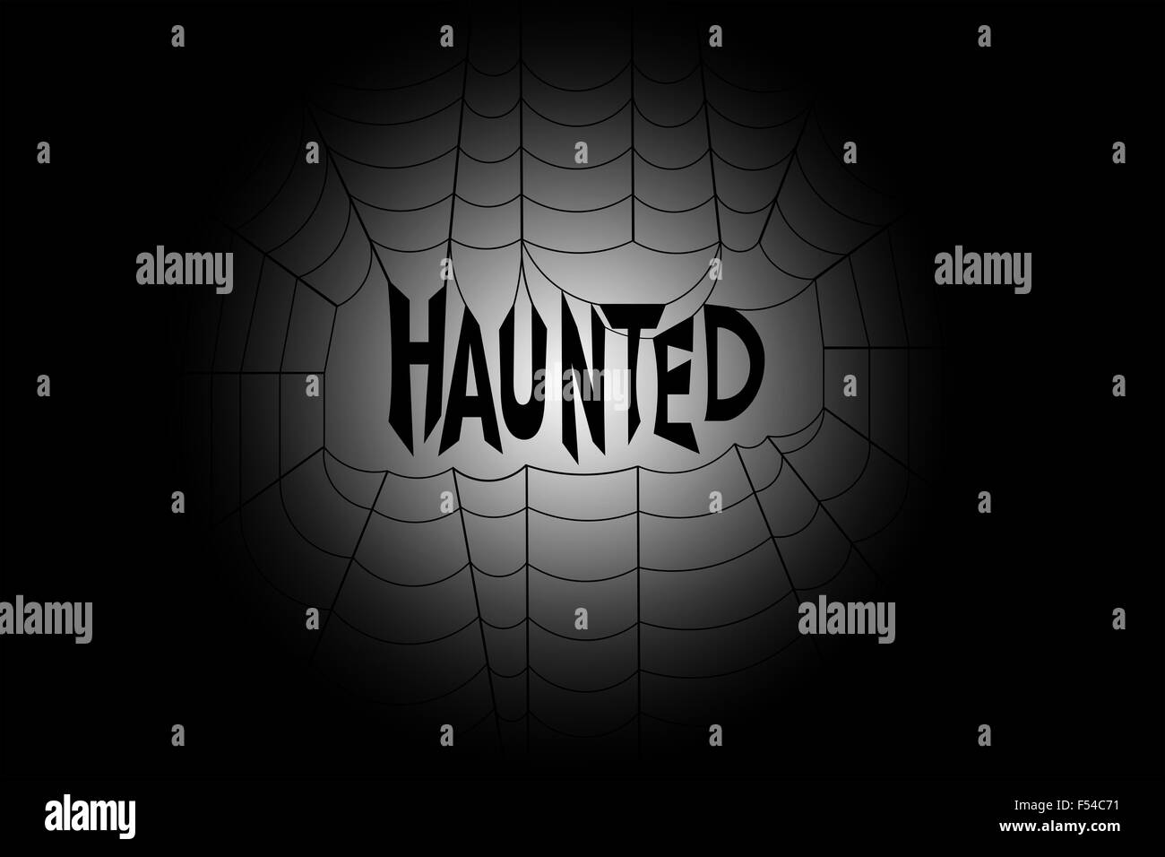 Word haunted hanging in the middle of a spider web, against spooky gradient black and white gradient background Stock Photo