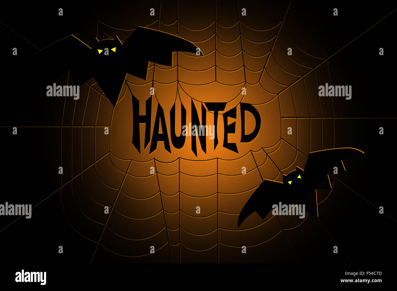 Haunted -text hanging in the middle of a spider web, with spooky bats flying, back lit with orange glow Stock Photo